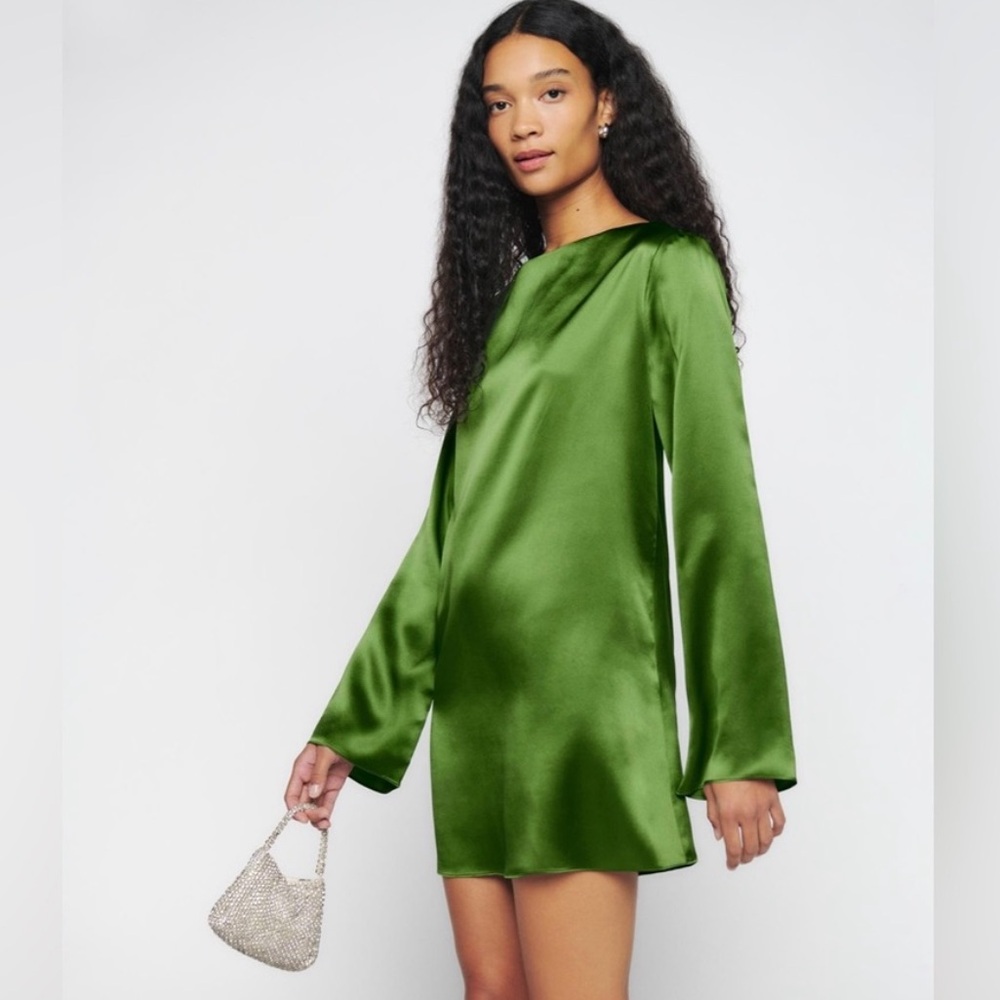 Reformation - Ilyse Silk Satin Mini Dress in Palm Green - Size XS